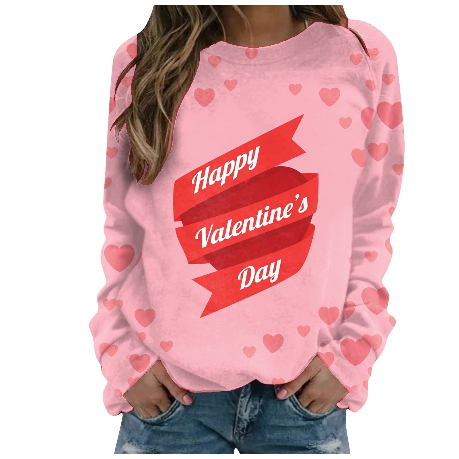 wsevypo Valentines Day Women's Heart Print Pullover Sweaters Round Neck ...