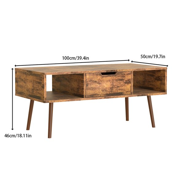 Mesa Centro Retro Industrial Marrón con Cajón y Estantes Abiertos, Patas de Madera Sólida para Sala, Oficina y Estudio