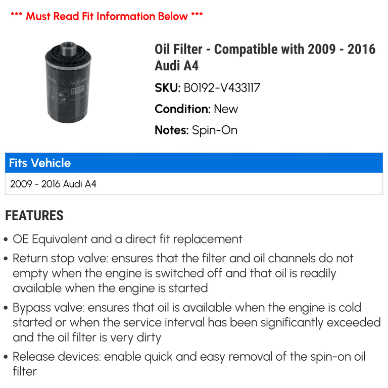 Oil Filter - Compatible with 2009 - 2016 Audi A4 2010 2011 2012