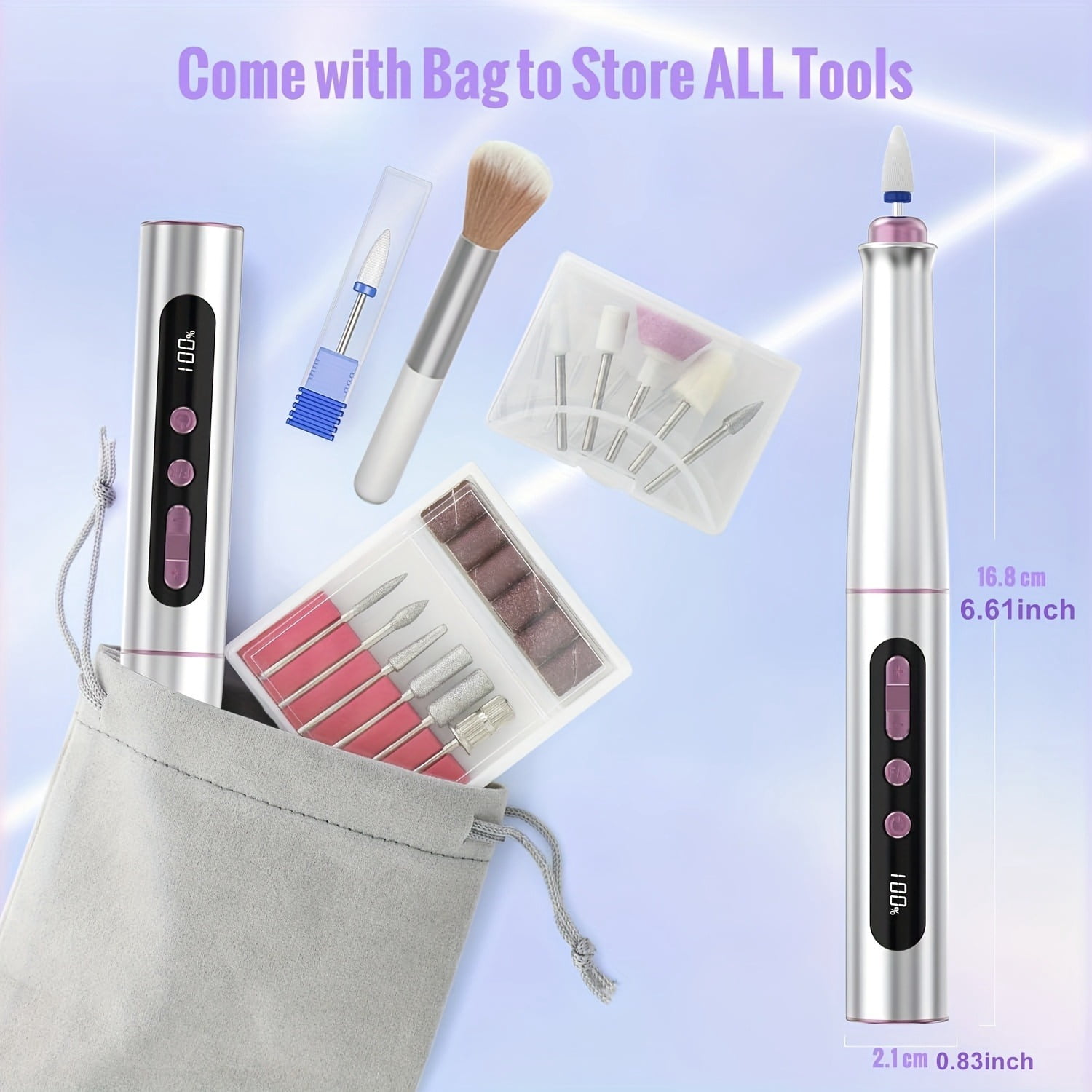 Cordless Electric Nail Drill Machine, 35000RPM Professional Nail File for Acrylic Gel Nails, 13 in 1 Manicure Pedicure Kit with LCD Display, 5 Speeds(Silvery)