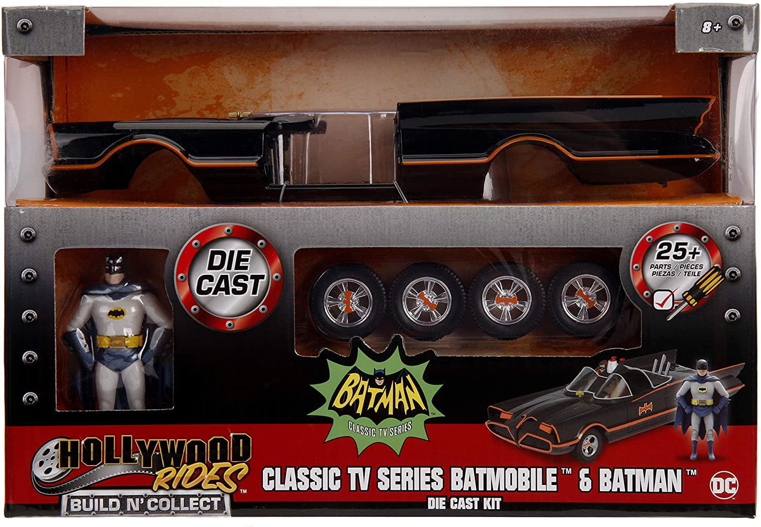 Jada 98625 DC Comics Classic TV Series Batmobile Die-cast Car 1:18 Scale Vehicle & 3 Batman & Robin Collectible Figurine 100% Metal Black 