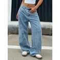 thumbnail image 4 of Women's Mid  Rise Wide Leg Light Blue Patchwork Cargo Jeans Casual Streetwear Denim Pants, 4 of 8