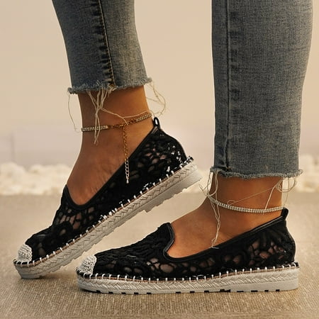 

PhoneSoap Women Shoes Flat Loafers Solid Lace Flower Slip On Mesh Ladies Casual Sneakers Black