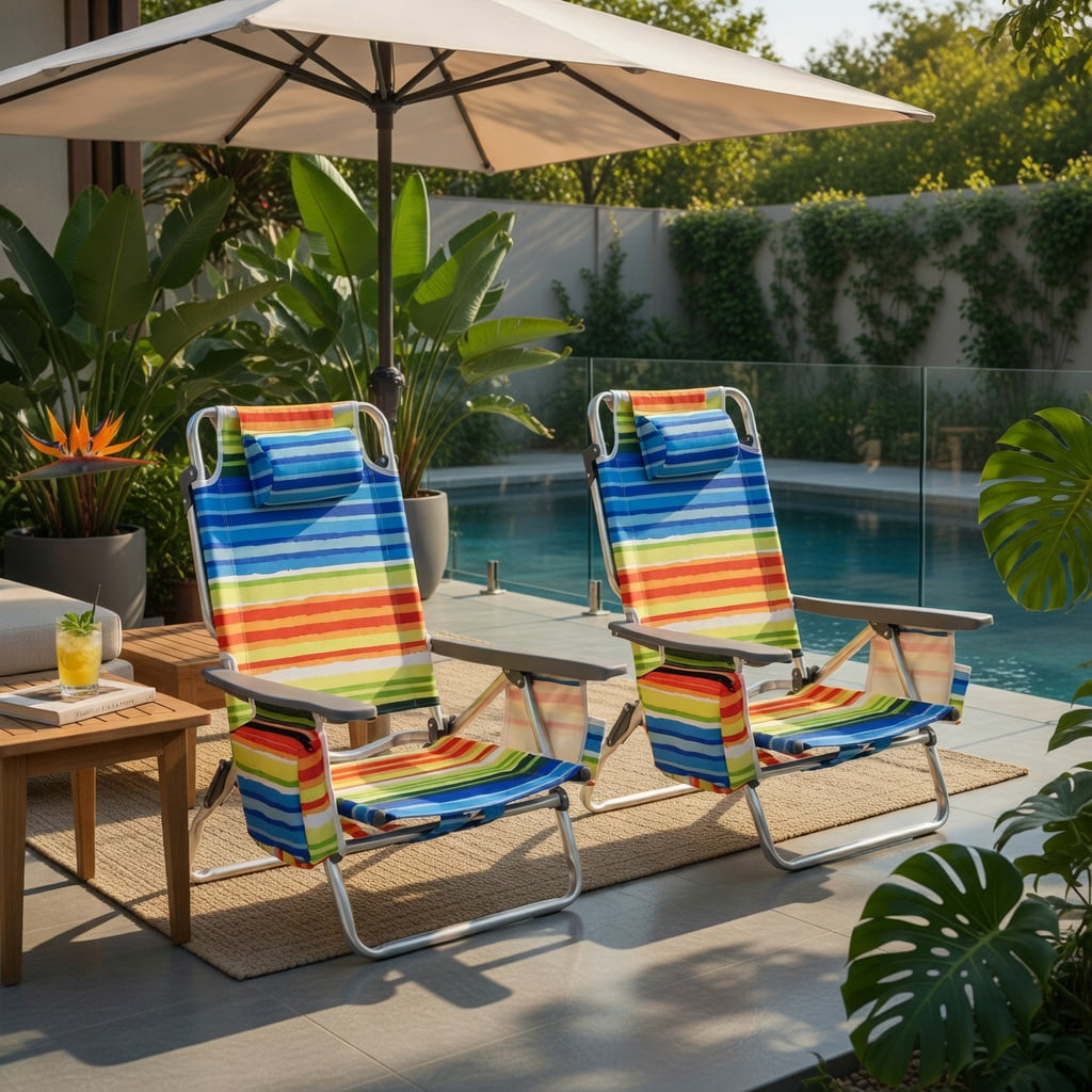 Hommoo 2-Pack Portable 5-Position Aluminum Beach Chair Set with Folding Side Table, Yellow