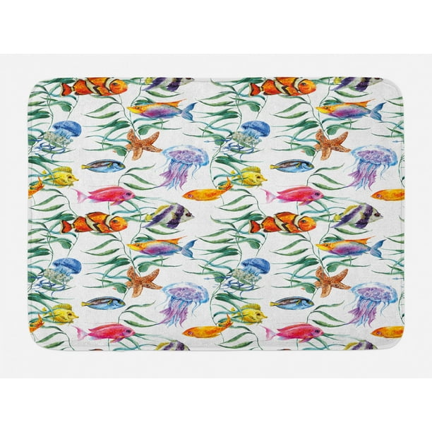 Jellyfish Bath Mat, Tropical Coral Reef with Seaweed Algae Jellyfish