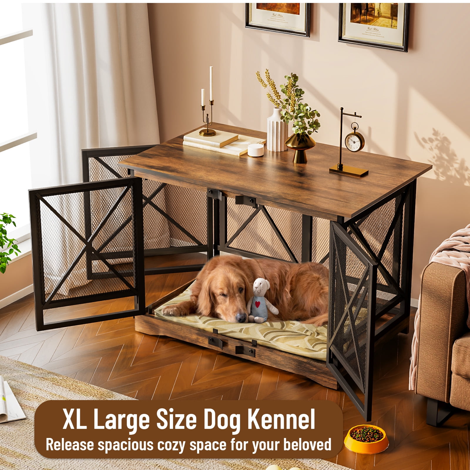 48 inch Extra Large Dog Crate Furniture,Double Door Indoor Kennel,End Side Table Wooden Dog Crates,Anti-Chew Anti-Escape, Wood