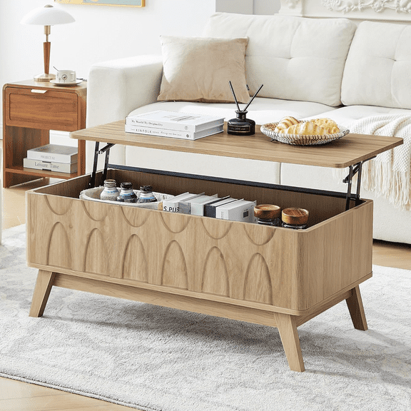 LEFHDA Lift Top Coffee Table with Hidden Compartment Geometric Pattern Design Coffee Tables Small Rectangle End Table for Living Room Accent Furniture