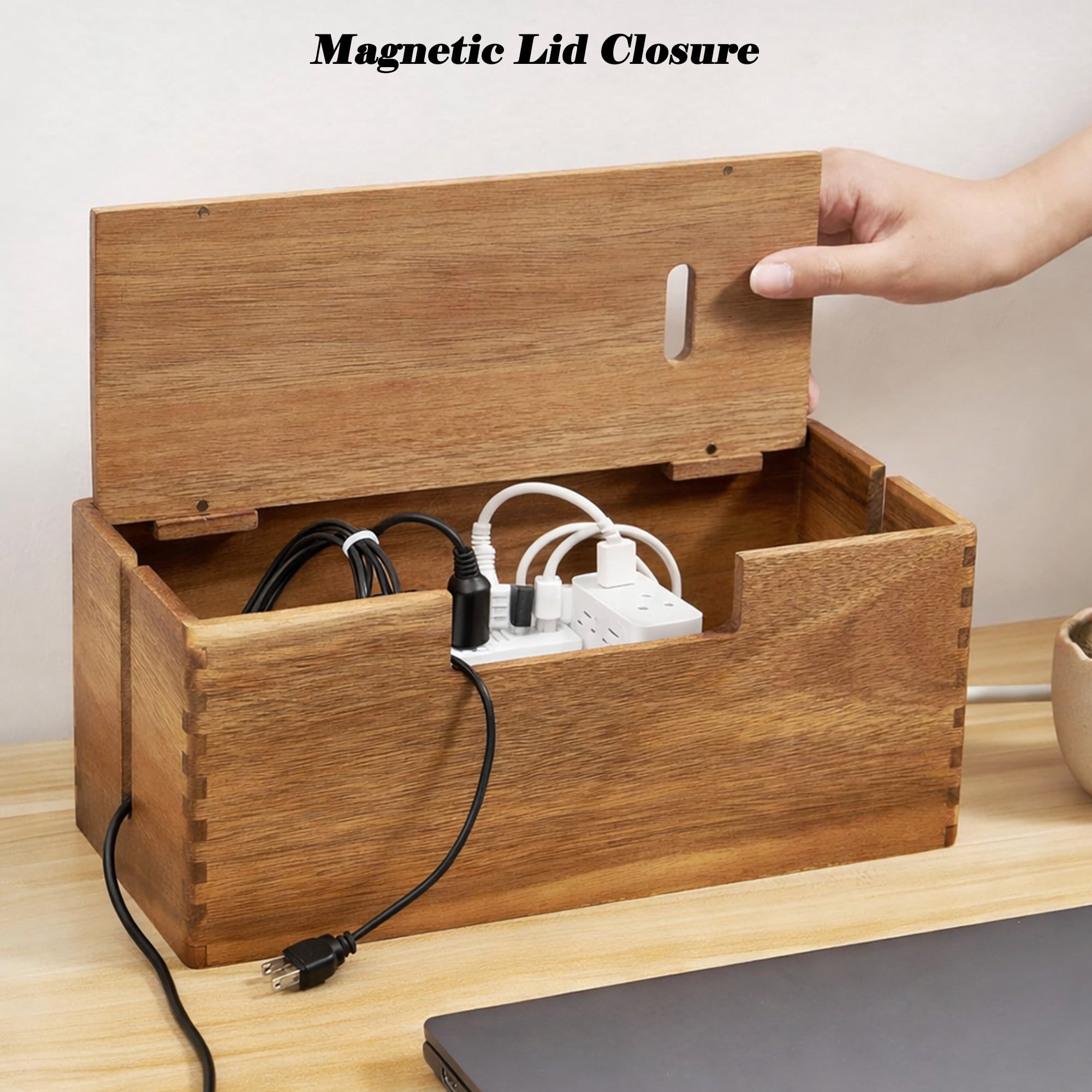 Ngardk Acacia Cable Management Box, Cable Organizer Box, 12.2"*5.1"X5.1". Pack of 1, Natural Wood
