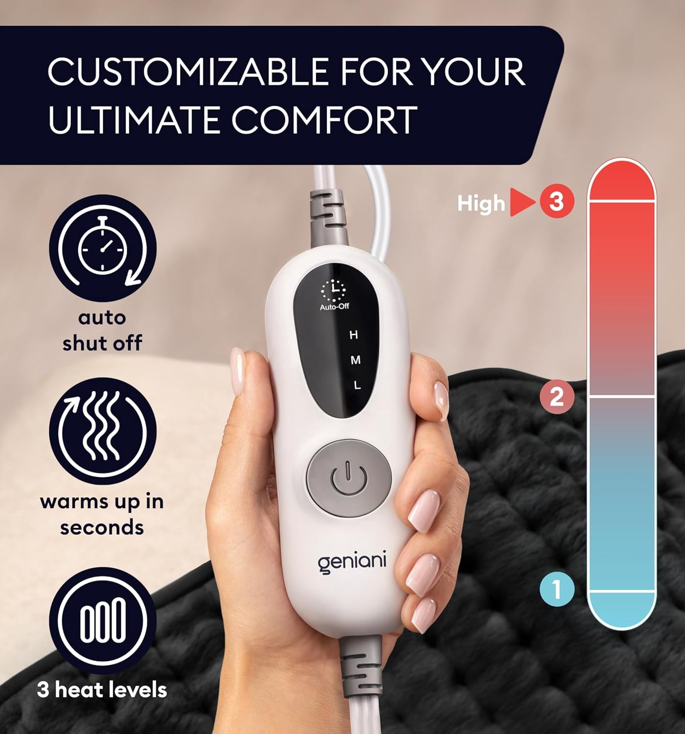 Geniani Electric Heating Pad for Back Pain & Cramps Relief, Heat Pad with 6 Heat Settings & 4 Timer Presets, Auto Shut Off, Machine Washable, Ultra Soft Hot Pad, (12"x24", Jet Black)