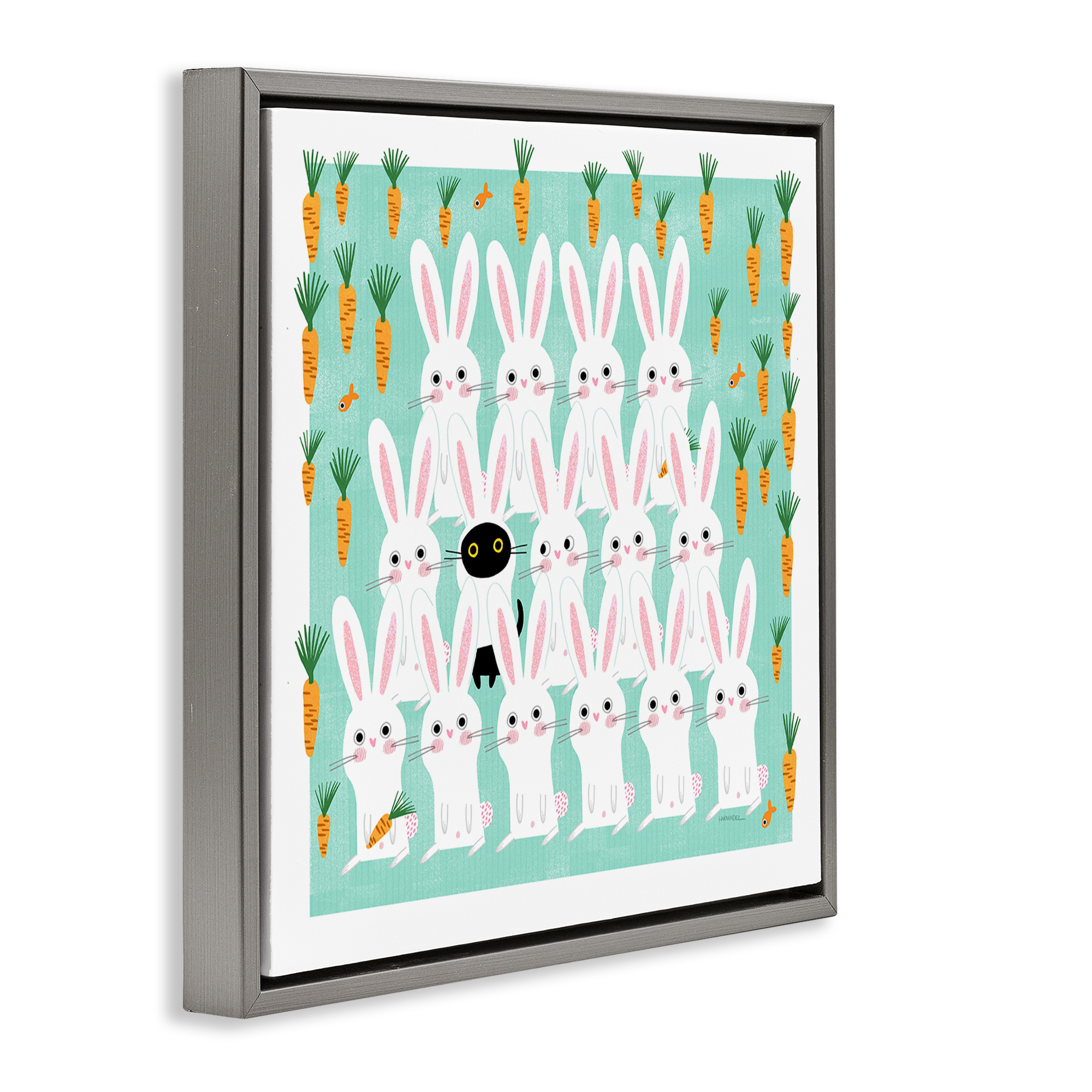 Stupell Industries Cat Mixed with Bunnies Animals Painting Gray Floater Framed Canvas Art Print Wall Art, 25 x 25