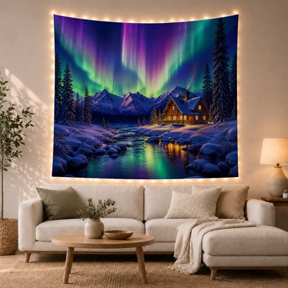 Aurora Over Snowy Cabin with River, Serene Celestial for Nature Lovers, Northern Lights Wall Art, Christmas Gift, Tapestry Wall Hanging for Bedroom and Living Room