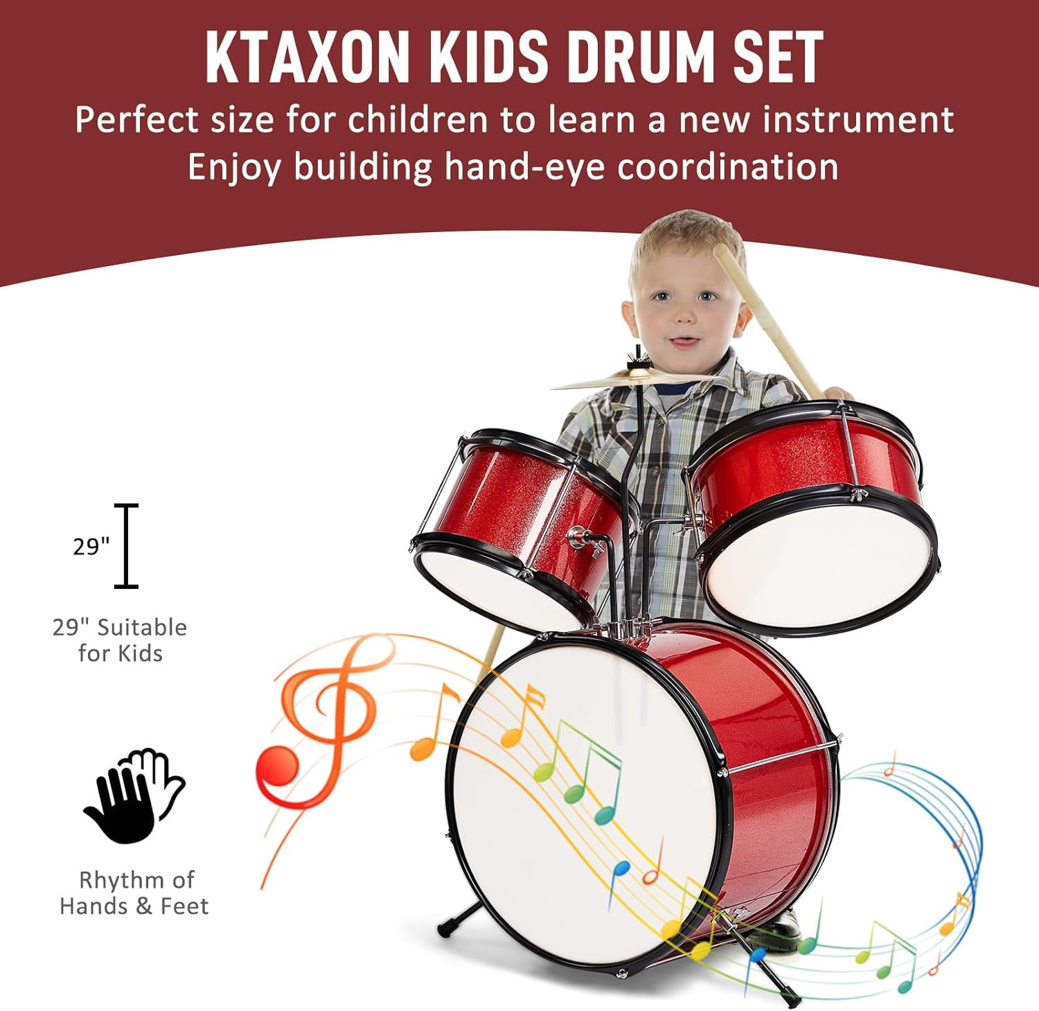 3-Piece Drum Set, 14 Inch Beginners Drums Kit with Throne Stool, Pedal & 2 Pairs of Drumsticks, Junior Drums Set Musical Instruments W/Cymbal, Tom, and Snare Drum (Red)
