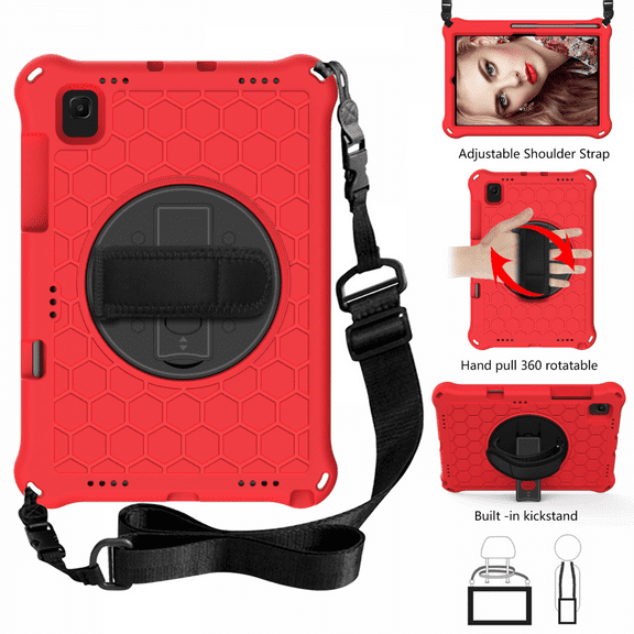 For Samsung Galaxy Tab S6 Lite 10.4" 2020 (SM-P610/ P615) with Pen Holder and 360 Degree Swivel Stand and Hand and Shoulder Strap - Red