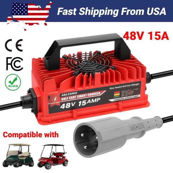 48V 15A Golf Cart Charger with 3-Pin Round Plug for Club Car Precedent & DS Series Only for Lead Acid Battery