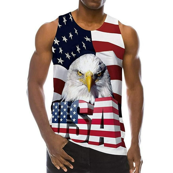 Men's Casual American Flag Print Sleeveless Tank Tops Sportswear Muscle Patriotic Tees