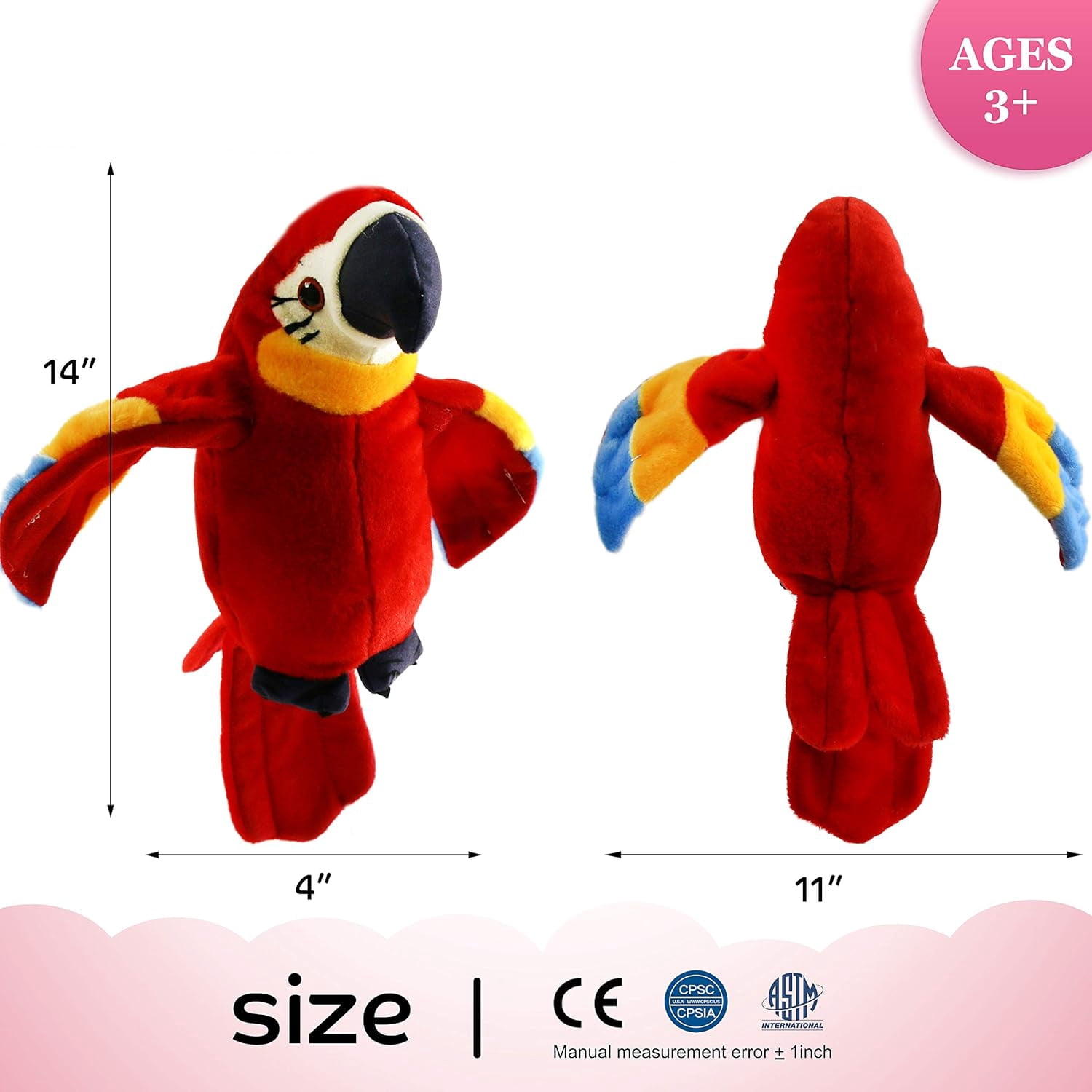 Houwsbaby 9'' Red Talking Parrot Plush Pal Repeat What You Say Recording Stuffed Animal Macaw Electronic Record Interactive Animated Bird Present Birthday Christmas for Kids Boys Girls