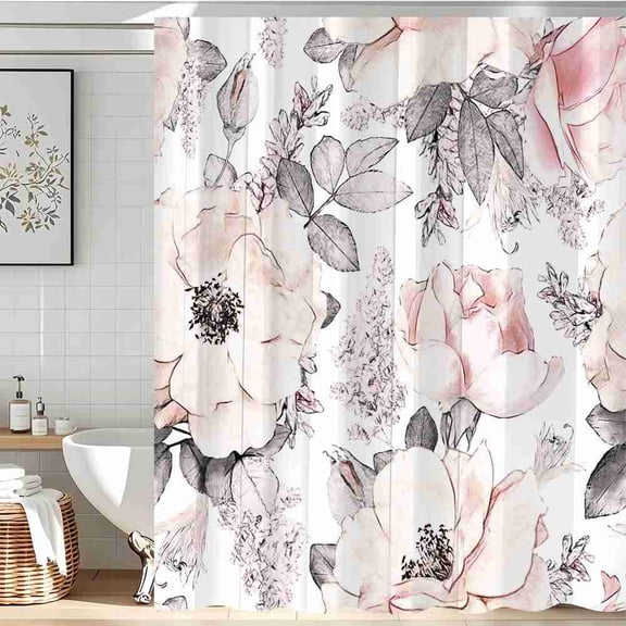 70x70 inch Blush Pink and Gray Watercolor Floral Shower Curtain, Waterproof Polyester Fabric with Hooks for Bathroom Decor