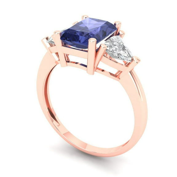 2.82 ct Emerald Cut Simulated Tanzanite Three-Stone Engagement Ring for Women in 18K Rose Gold