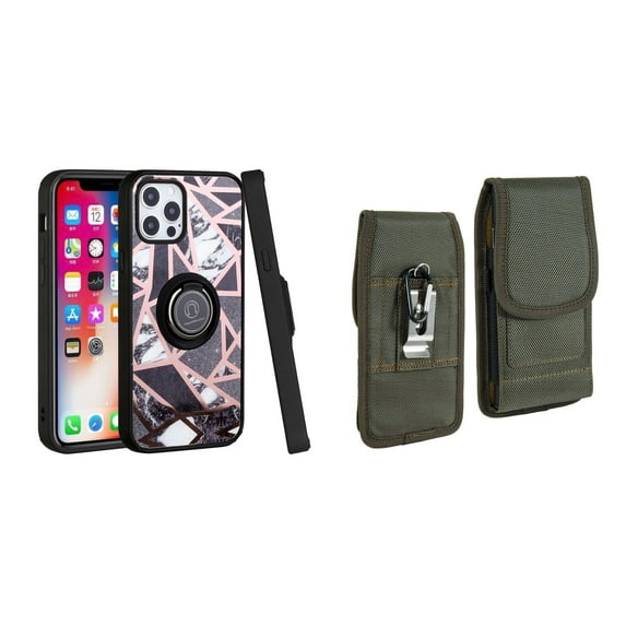 Bemz Ring Series Case for iPhone 14 (TPU Silicone Cover with Magnetic Stand) and Vertical Rugged Nylon Belt Holster Pouch (Black White Marble/Midnight Green)