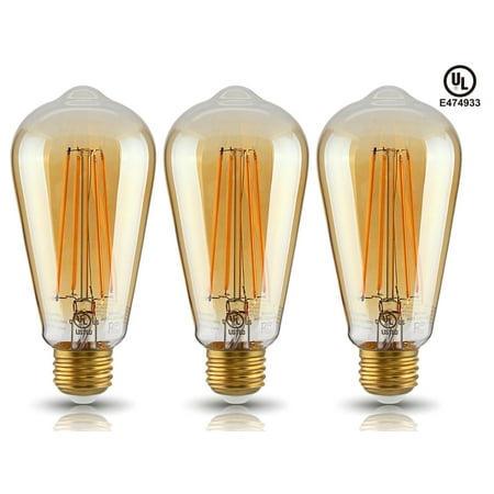 LED ST19 Vintage Filament Light Bulb, ST64 S21 Antique Edison Bulb, 4W (40W Equivalent), 2200K Soft White, 400Lm, E26 Medium Base, UL-Listed, 2 YEARS WARRANTY, Pack of