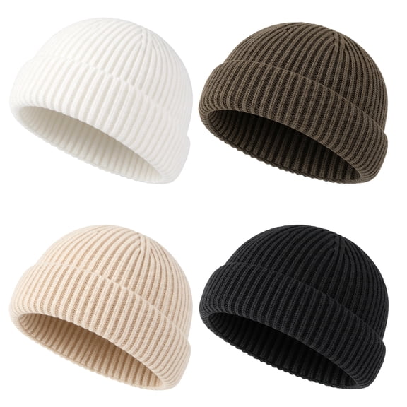 Bocaoying 4 Pack Ribbed Knit Toboggan Beanie Hat for Men Women, Thick Knit Fisherman Hat, Thermal Windproof Winter Trawler Cap for Skiing, Hiking, Biking, One Size, Black/Beige/Coffee/Apricot