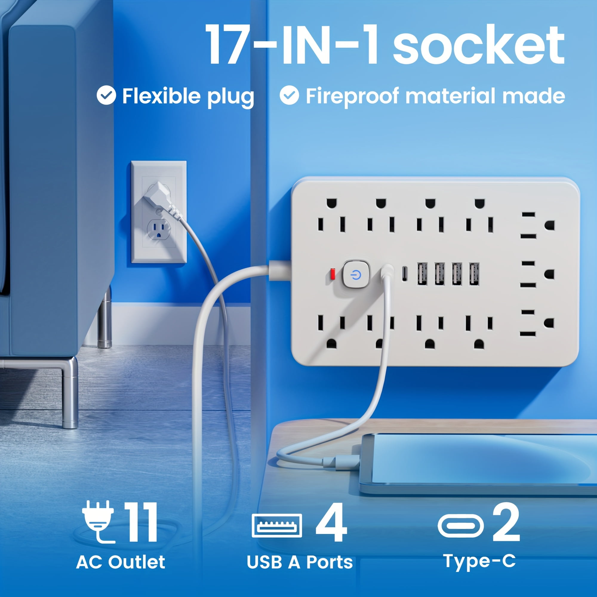 17-in-1 Flat Plug Power Strip Surge Protector, 11 Spacious AC Outlets & 6 USB Ports (2 Type-C), Overload Protection, Long Extension Cord, Multi Outlet Expander for Home Office Desk Wall Plug Adapter