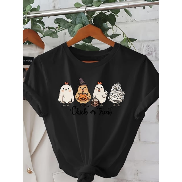 Women'S Halloween Chicken Graphic T-Shirt - "Chick or Treat" Design with Cartoon Chickens, Gray Casual Crew Neck Short Sleeve Top for Summer & Spring, Halloween Shirts