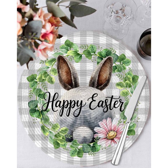 15 Inch Round Placemats Set of 4, Grey Easter Non Slip Heat Insulation PP Table Mats, Spring Watercolor Bunny Flower Leaf Plaid Washable Place Mats for Kitchen Dining Party Table Decor