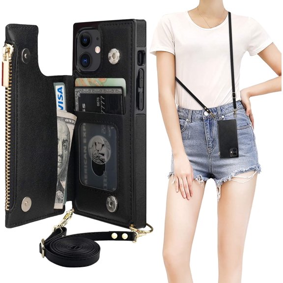 Crossbody Wallet Case for iPhone 12 Mini with Card Holder,Zipper Card Slot Protector Shockproof Purse Cover with Removable Cross Body Strap 5.4 Inch(Black)