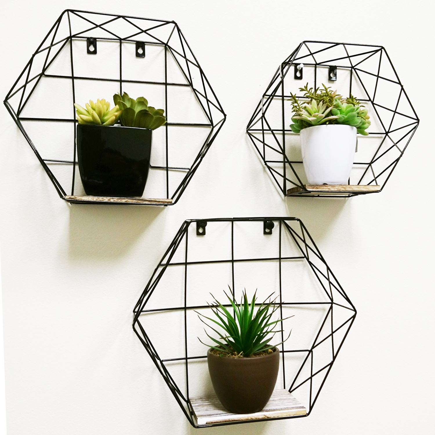 Admired By Nature Hexagon wallmounted metal wire hanging shelves, Black, Set of 3