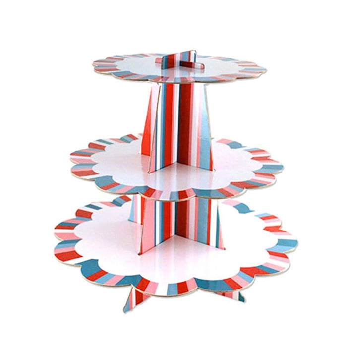 Border Striped Cardboard Cupcake Stand, Assorted, 3Tier, 14Inch