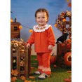 thumbnail image 4 of RUINIXCW Toddler Baby Girl Halloween Outfit Infant Baby Girls Fall Clothes Cute Pumpkin Ghost Embroidery Long Sleeve Babydoll Shirt Tops Ruffled Flare Pants Set, 4 of 9