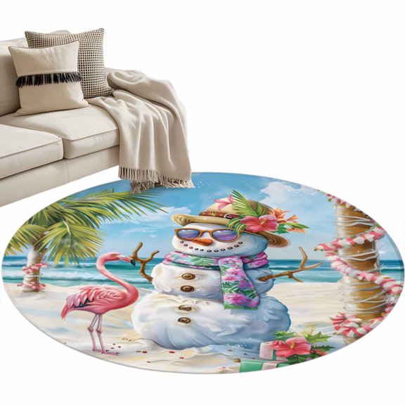 Coastal Snowman Christmas Round Area Rug 3 FT, Small Kitchen Bathroom Mat, Xmas Tree Flamingo Beach Washable Indoor Outdoor Throw Runner Carpet Non-Shedding Doormat for Table Shower Sofa Entryway