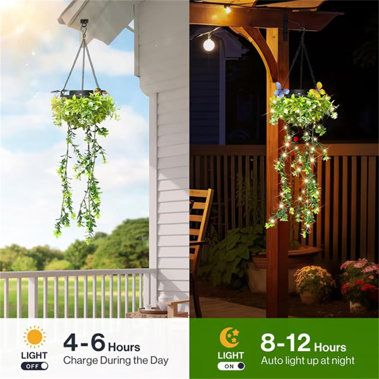 Solar Hanging Garden Lights for Spring Summer, 2 Pack 66 LEDs Realistic Flower Vine String Lights, Waterproof Outdoor Decor for Garden Patio Fence, 8-12 Hrs Auto Lighting, Mother's Gift