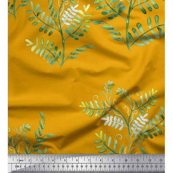 Soimoi Gold Rayon Fabric Mimosa Pudica Leaves Fabric Prints By Yard 58 Inch Wide