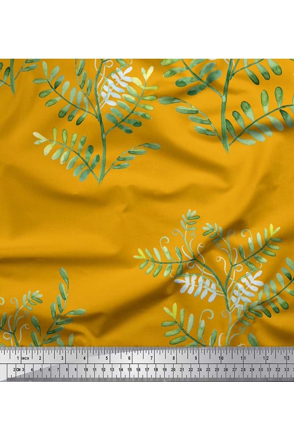 Gold Poly Georgette Fabric Mimosa Pudica Leaves Printed Fabric 1 Yard 52 Inch Wide