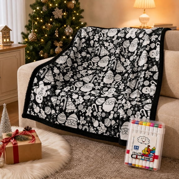 Christmas DIY Coloring Flannel Throw Blanket, Black and White Holiday Print with 24 Markers for Home Craft Gift, 59.06 x 50 in