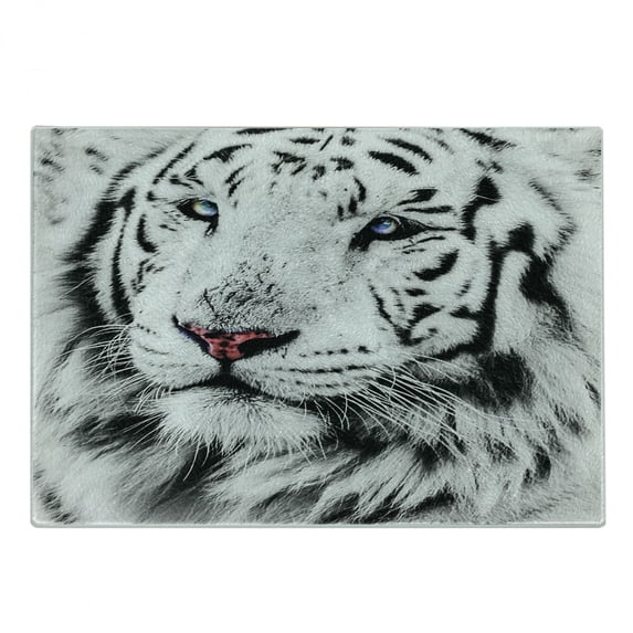 Safari Cutting Board, White Tiger Wintertime Rare Animal Portrait Eyes Calm Noble Beast Photography, Decorative Tempered Glass Cutting and Serving Board, Small Size, Grey Black White, by Ambesonne
