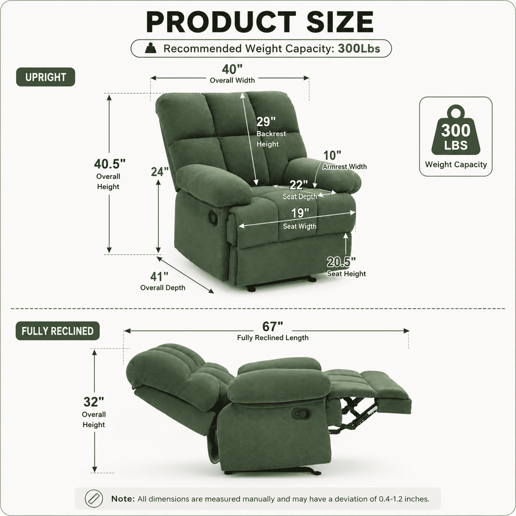 Homy Casa Manual Rocking Recliner Chair, Upholstered Lounge Seat for Nursery or Bedroom, Green