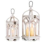 Nuptio Wood Lanterns Decorative Indoor & Outdoor - 12 / 16 Set of 2 Farmhouse White Wooden Candle Holder Lanterns for Wedding Centerpiece Fireplace Mantle Patio Outdoor Decor