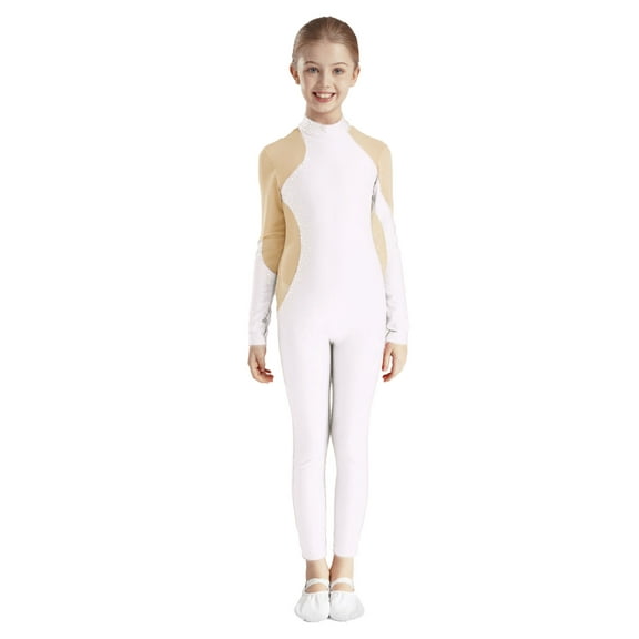 Haitryli Kids Girls Full Body Figure Ice Skating Jumpsuit One Piece Bodysuit Long Sleeve Gymnastics Leotard White 12