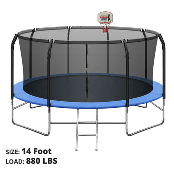 14FT Trampoline for Kids, Trampoline with Basketball Hoop&Safety Enclosure Net, 880LBS Capacity 4 Kids, Waterproof Mat and Ladder, Outdoor Backyard Trampoline