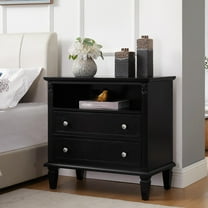 GZXS 28.3" Wide Nightstand with USB Ports and Outlets, Farmhouse Bedside End Table w/ Solid Wood Legs, Easy to Assemble, Black