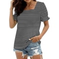 thumbnail image 1 of JIRNDf Chemises pour Femmes Hauts Tendance d'Été Mode à Volants Manches Courtes Encolure Carrée Blouse Rayée pour Femmes Tunique Décontractée Hauts Noir TTG, 1 of 5