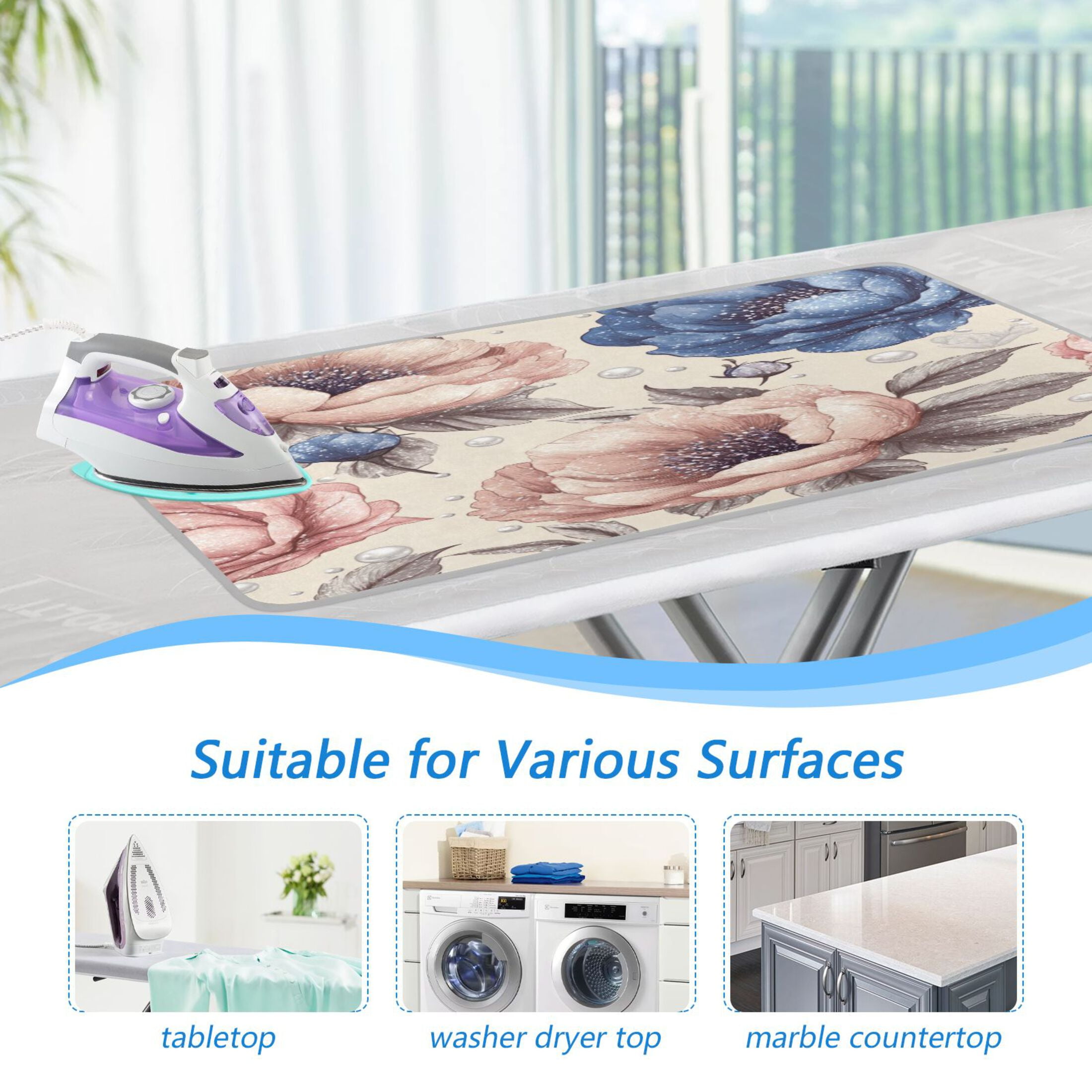 Ironing Mat Portable Ironing Blanket for Table Top Travel Ironing Pad for Washer Dryer 27.6" x 47.2" Dusty Pink Peonies