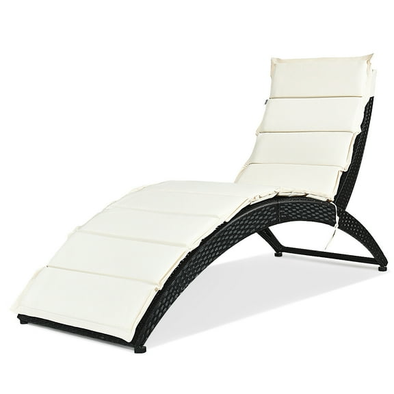 Sptwo Patio Lounge Chair, Outdoor Reclining Wicker Chaise, Portable Patio Rattan Lounge Chair with Cushion, Foldable Rattan Furniture for Backyard/Patio/Lawn/Balcony (1, Black)