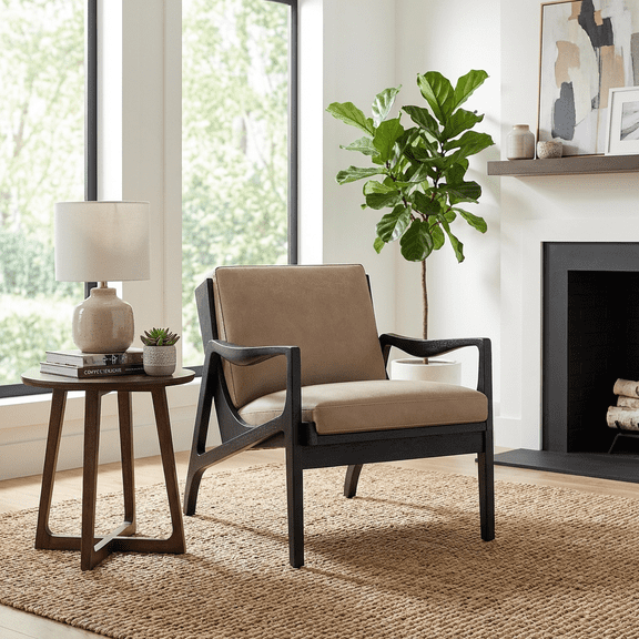 Mid-Century Modern Leather Accent Chair with Solid Wood Frame Stylish Lounge Armchair for Living Room or Office