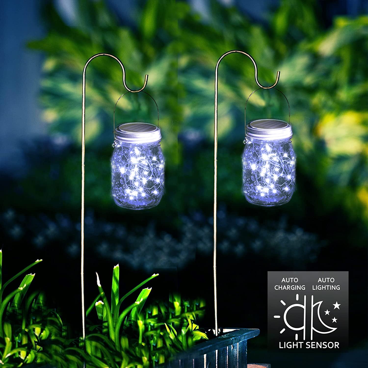 Puseky Mason Jar Solar String Lights Lid, Upgraded Antirust Waterproof 6 Pack 20 LED Jar Lid String Lights Set with 6 Hangers, Perfect for Patio Garden Wedding, Easter Decoration, White