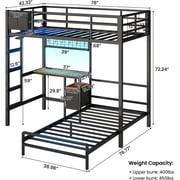 Metal Bunk Bed Twin Over Twin Size with Desk L-Shaped Bunk Bed with Led Lights & Charging Station for Adults, Twin Loft Bed Frame with Storage Shelves & Safety Guardrail & Ladder, Black