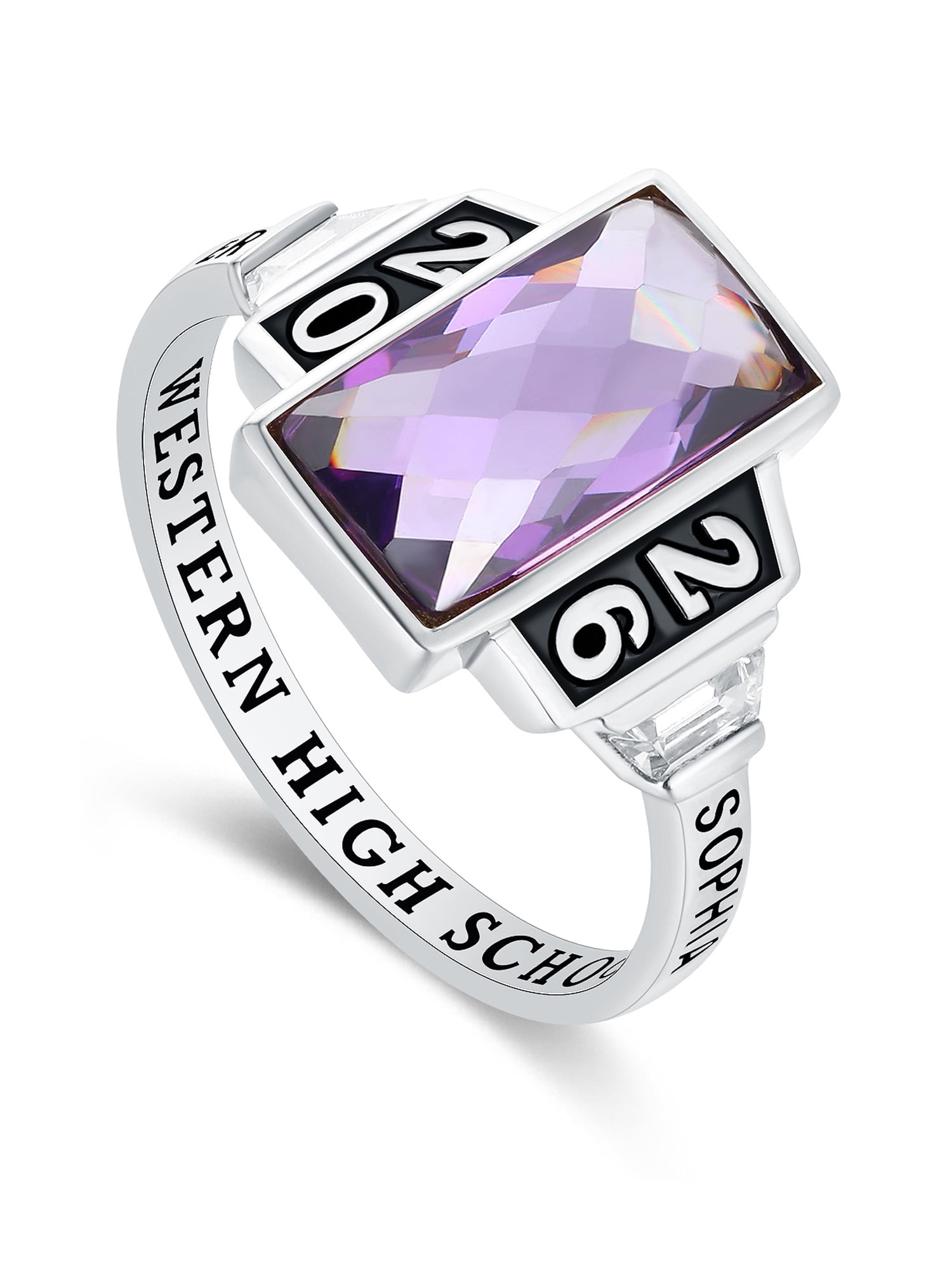 Mementos USA Custom Sterling Silver Class Ring for Women High School College-Platinum-Checkboard